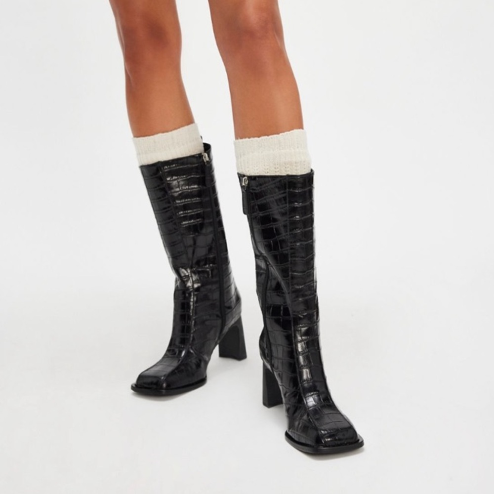 Free People Vicenza Black Croc-Embossed  mid calf Boots square toe 9 worn once